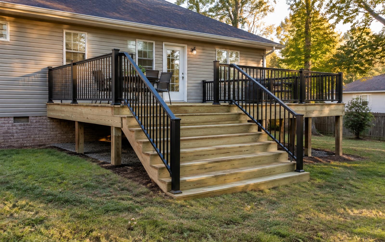 Custom wood deck with black railings